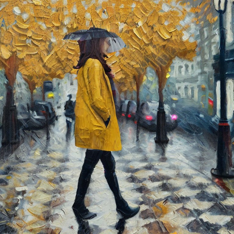 Gemaltes Bild von einem Mädchen mit Regenschirm und gelber Jacke