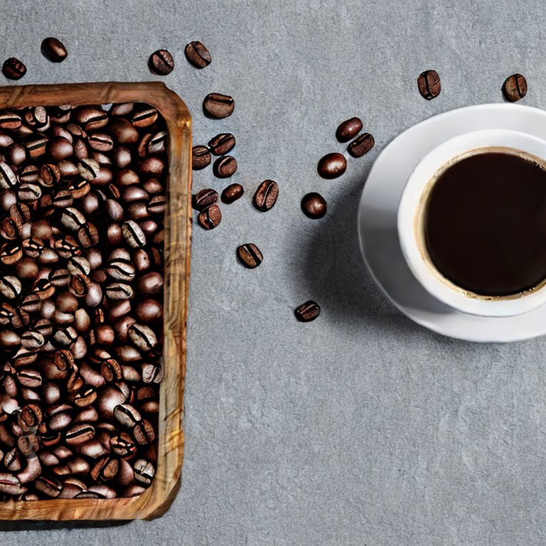 Gemaltes Bild von einer Tasse Kaffee und daneben liegenden Kaffeebohnen