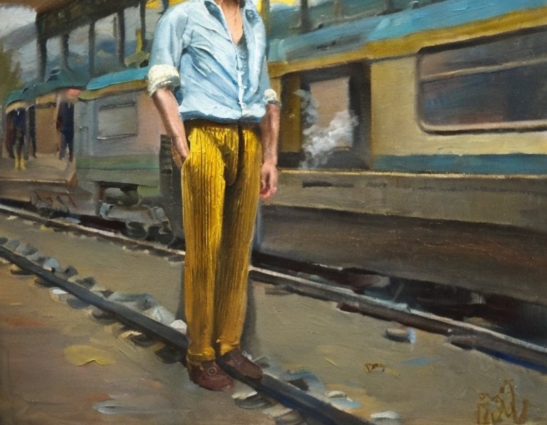 Gemaltes Bild von einem Mann an einem Bahngleis