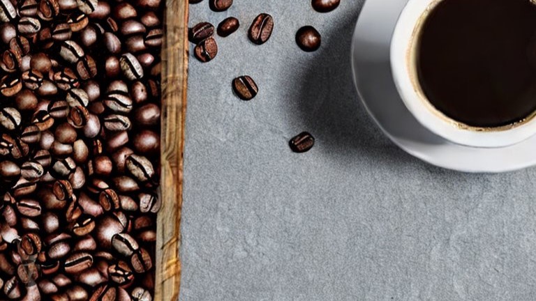 Gemaltes Bild von einer Tasse Kaffee und daneben liegenden Kaffeebohnen