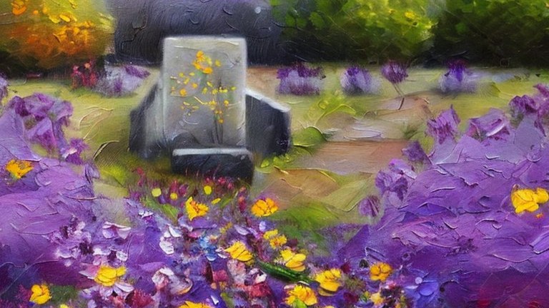 Gemaltes Bild von einem Grabstein mit Blumen