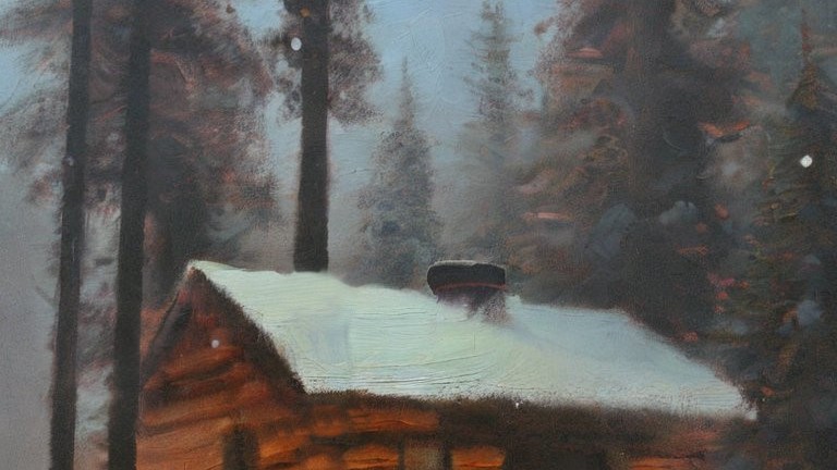 Gemaltes Bild von einem Holzhaus im Winter