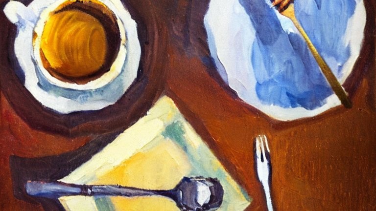 Gemaltes Bild von einem Gedeck mit Honig, Kaffee und Kuchen