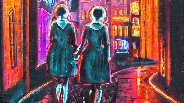 Expressiv gemaltes Bild von 2 Personen die nachts durch eine Neon erleuchtete Straße laufen
