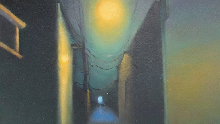 Gemaltes Bild von einer Straße bei Nacht in die der Mond scheint