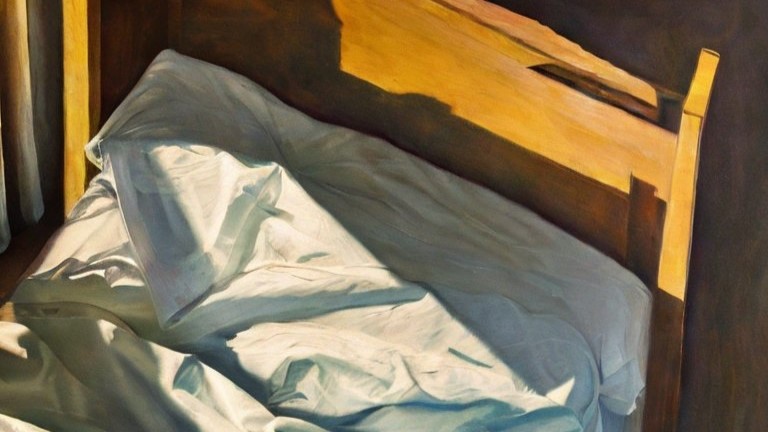 Gemaltes Bild von einem Bett aus Holz