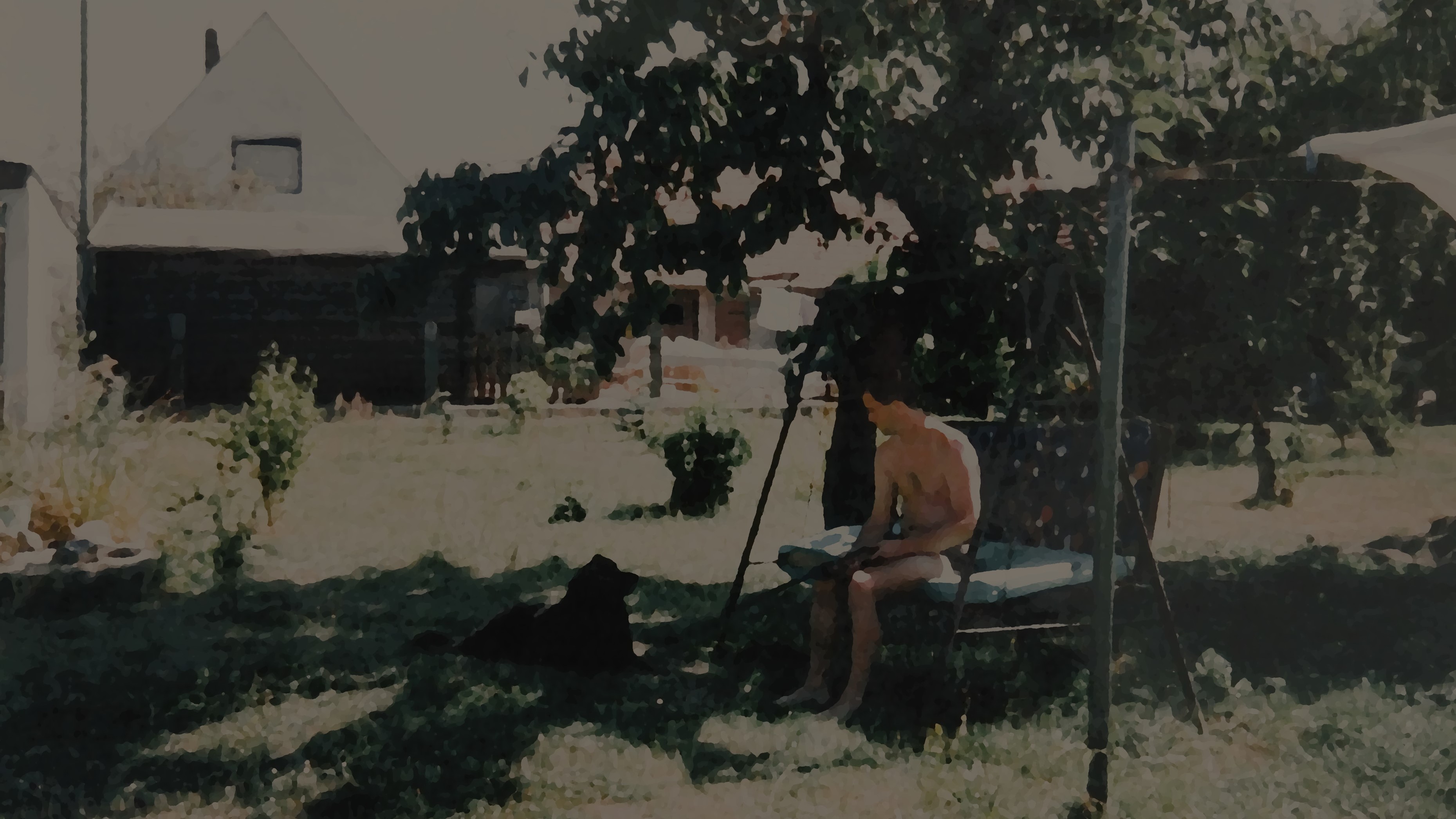 Gemaltes Bild von einem Garten mit einem Mann auf einer Veranda Schaukel